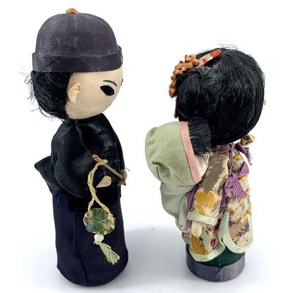 Asian Hand Made Folk Art Doll Family Wood Silk Cloth 6" Lot of 2 Vintage - Picture 8 of 11